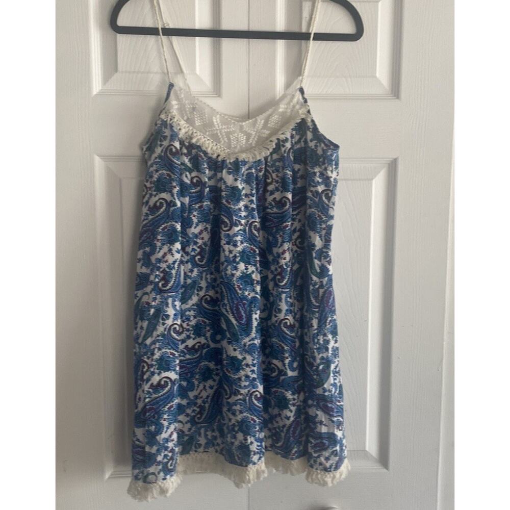 Esley Womens Small Paisley Blue Mini dress With Fringe Hem Cottagecore Boho Fest
